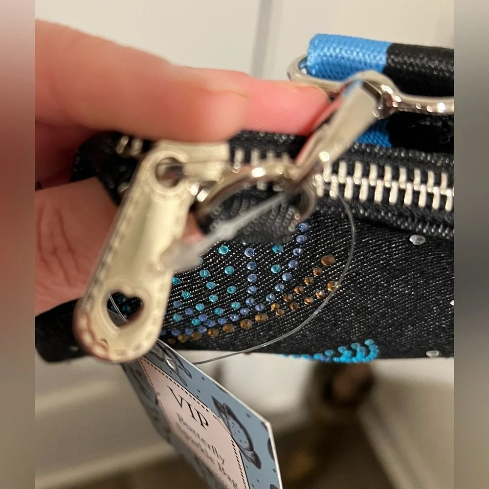 BRIGHTON VIP Sparkle Butterfly Bag Denim Crossbody Stripe Strap NWT - Picture 9 of 12